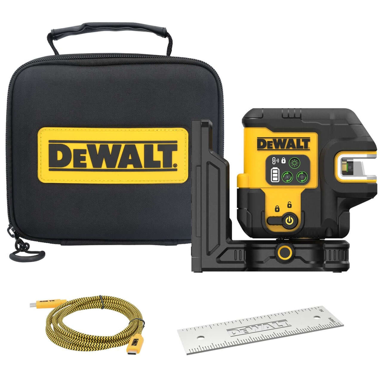 Laser multilinea DeWALT ricarica USB con custodia, cavo e righello, progettato per proiezioni precise.