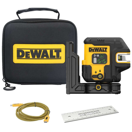 Laser multilinea DeWALT ricarica USB con custodia, cavo e righello, progettato per proiezioni precise.