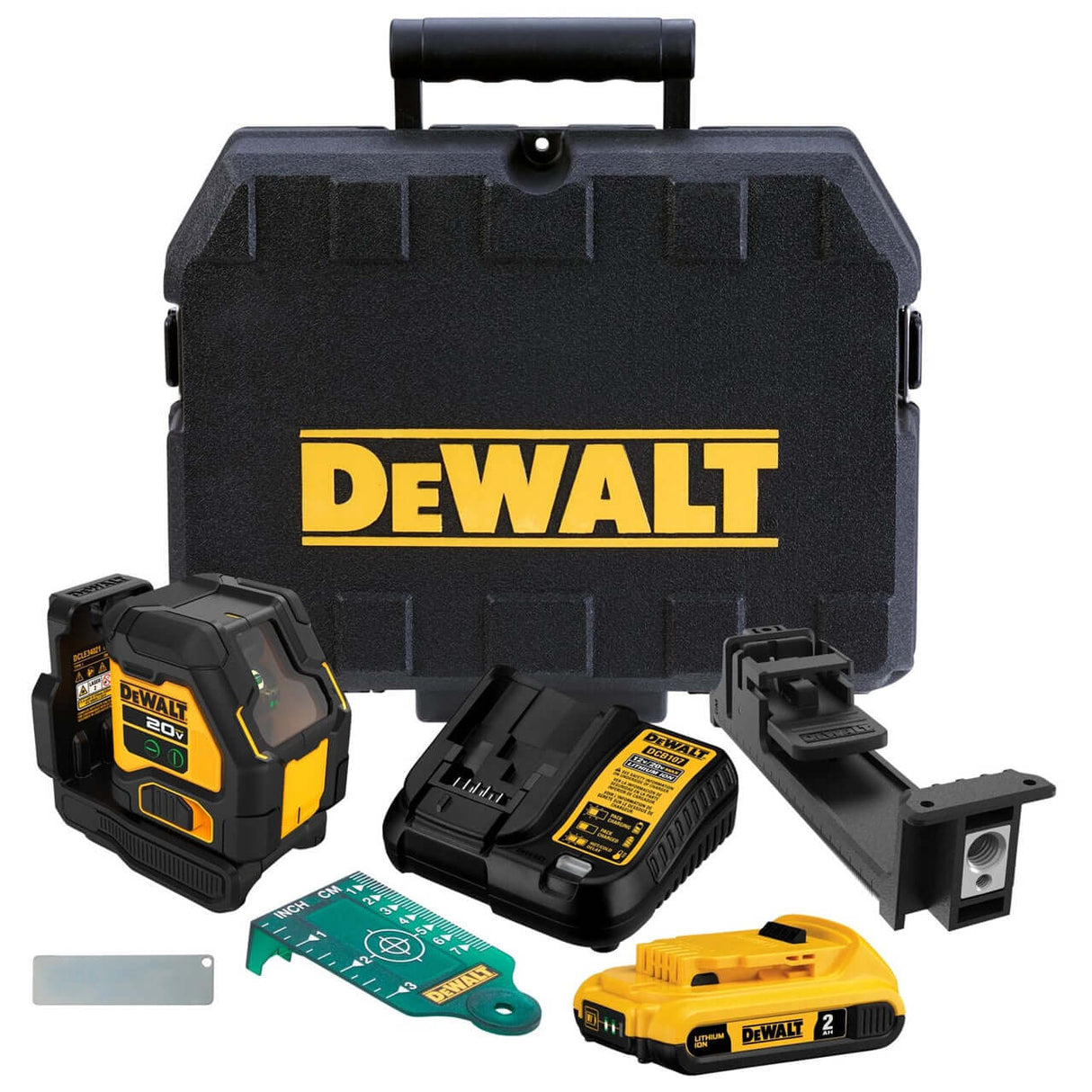 laser multilinea verde DeWALT con batteria, caricabatterie e accessori in valigetta robusta