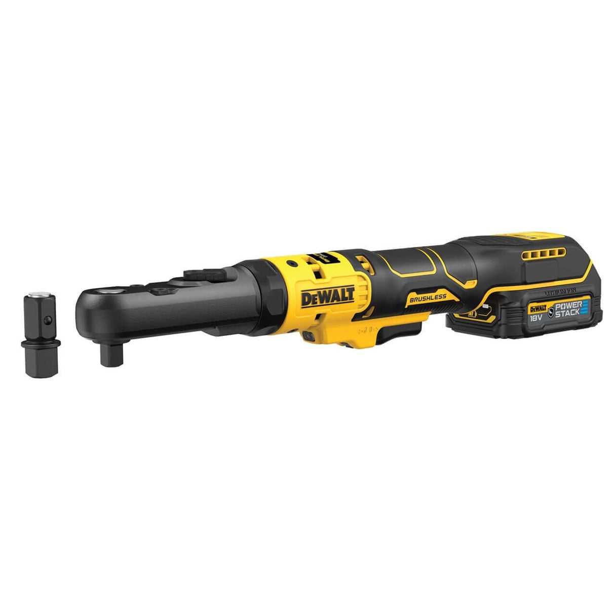 Cricchetto sigillato DeWALT 102 Nm con attacco quadro 1/2" e 3/8", design compatto e motore brushless.