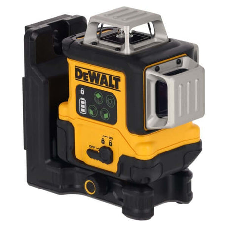 Laser multilinea verde ricarica USB DeWALT in vista laterale, mostra dettagli e pulsanti di controllo.