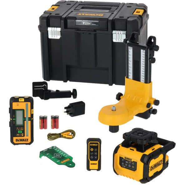Laser rotante autolivellante DeWALT con ricevitore, telecomando e accessori in valigetta da lavoro.