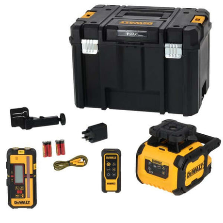 Laser rotante autolivellante rosso DeWALT con ricevitore, telecomando e valigetta per livellamento preciso.