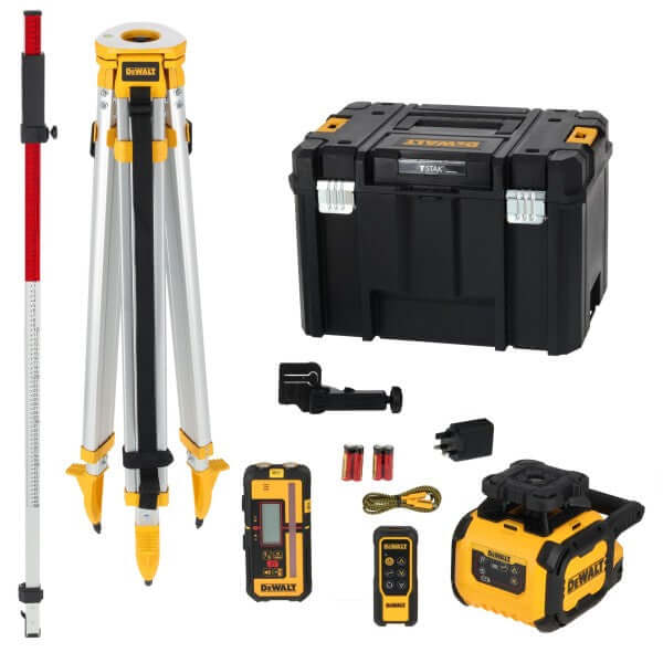 Laser rotante autolivellante DeWALT con ricevitore, treppiede, valigetta e accessori.