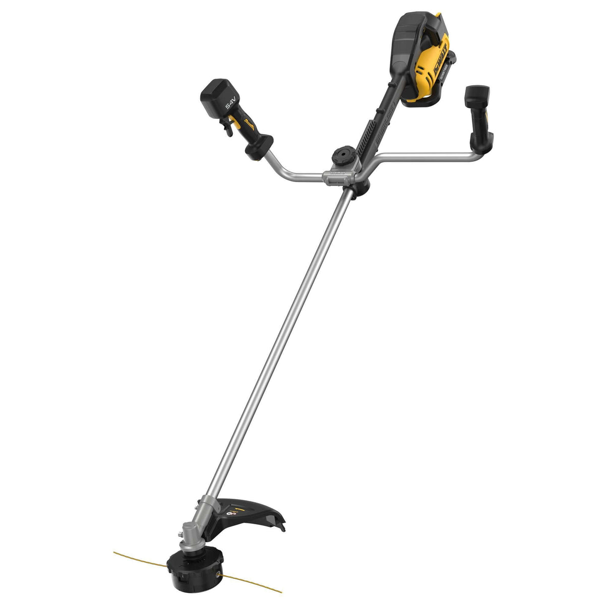 Decespugliatore 54V brushless con impugnatura a manubrio, motore potentissimo e design ergonomico per un taglio efficace.