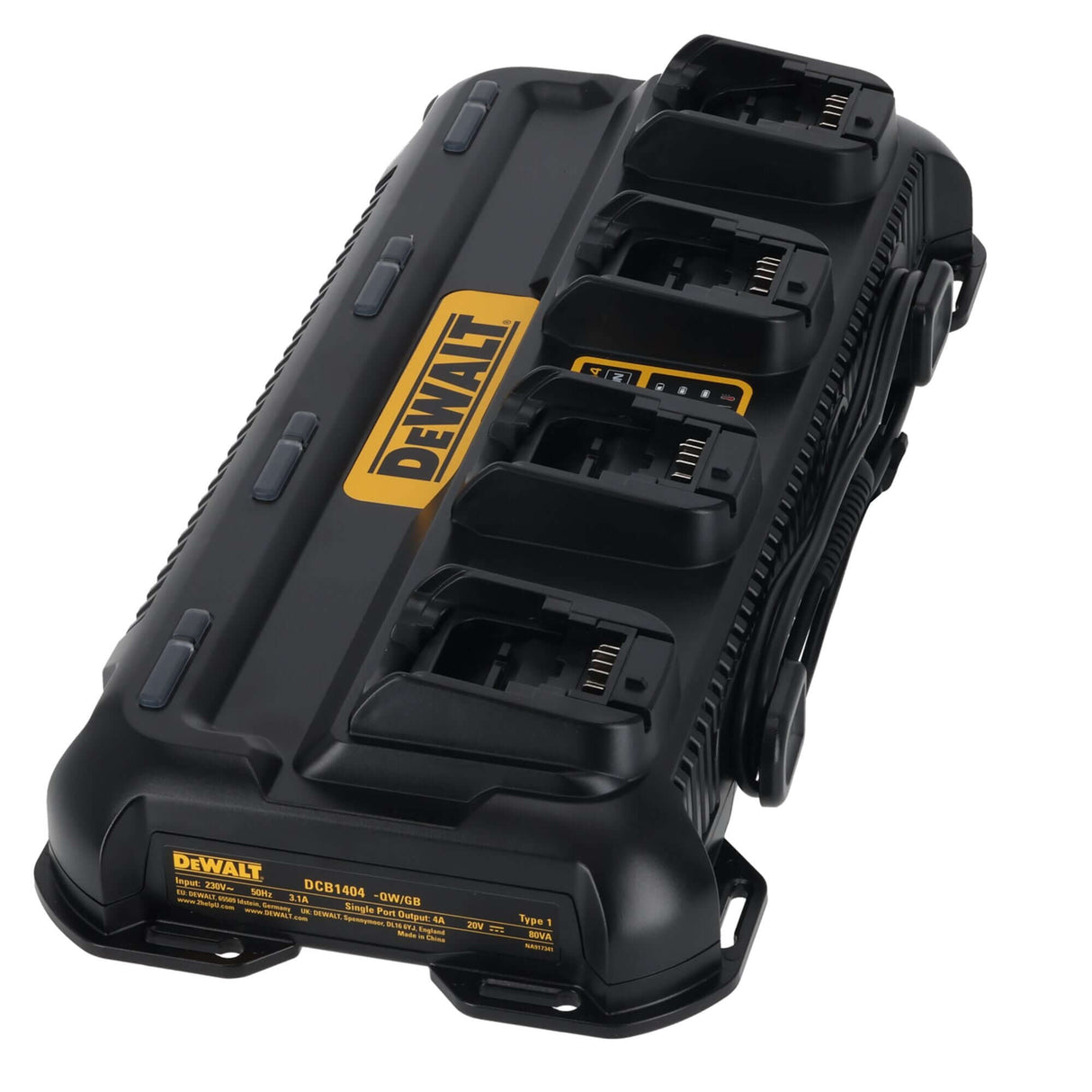 DeWALT DCB1404-QW - Caricabatterie rapido 4 ingressi. Per batterie da 12V, 18V e 54V. Corrente di ricarica 4A. DeWALT
