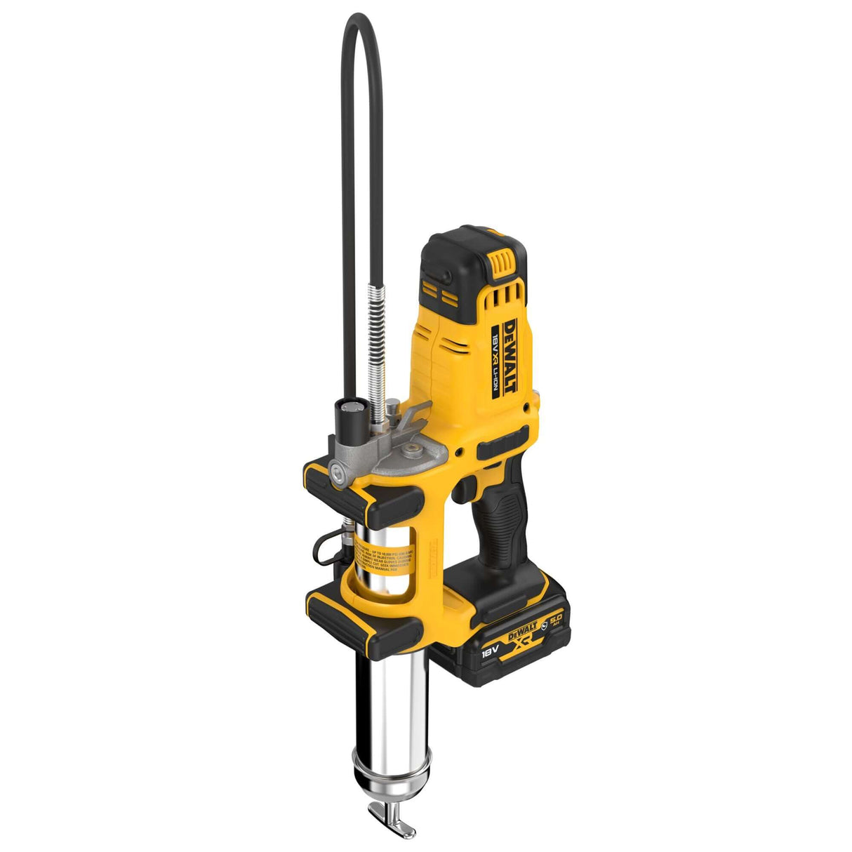 Ingrassatore a batteria 18V DeWALT con doppia velocità e tubo da 1,2 m, ideale per applicazioni professionali.