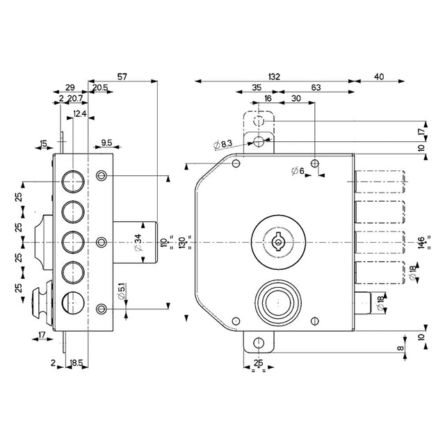 MOTTURA SERRATURA QUINTUPLICE ART. 651 651 Dx E 63 - mm 132 x 146
