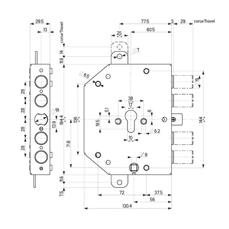 MOTTURA SERRATURA DA APPLICARE TRIPLICE PER PORTE BLINDATE ART. 89C.855 Dx E 60 - mm 132 x 165