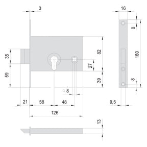 CISA SERRATURA DA INFILARE PER ALLUMINIO ART. 44145 E58 front.mm 16 / inter.mm 48
