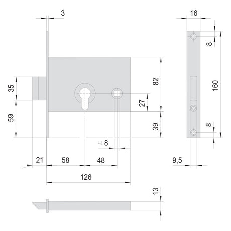 CISA SERRATURA DA INFILARE PER ALLUMINIO ART. 44145 E58 front.mm 16 / inter.mm 48