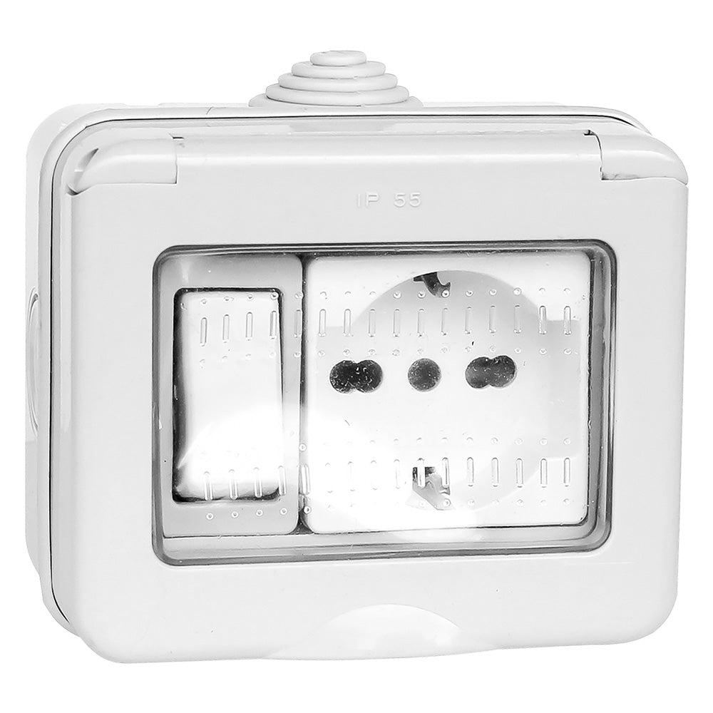 FAEG CONTENITORE ESTERNO INTERRUTTORE + PRESA / SCHUKO 1 deviatore + 1 presa bivalente 10/16A / schuko