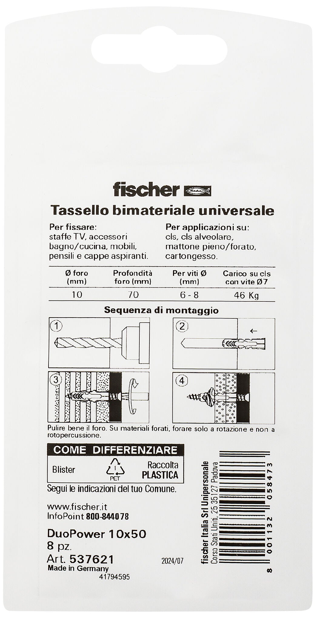fischer 537621 - DuoPower 10x50 K Tassello fischer