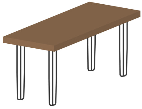 Tavolo con piano marrone e gambe a filo in acciaio nero stile hairpin