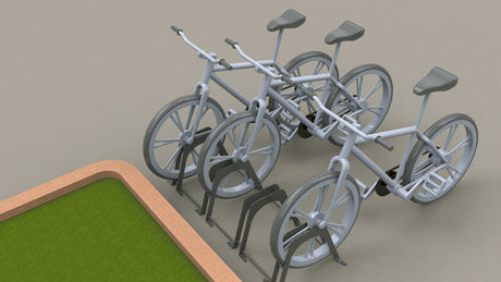Modello 3D di biciclette grigie parcheggiate in un rastrelliere