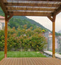 Pergola in legno con tetto in canne su un patio con prato e vegetazione rigogliosa.